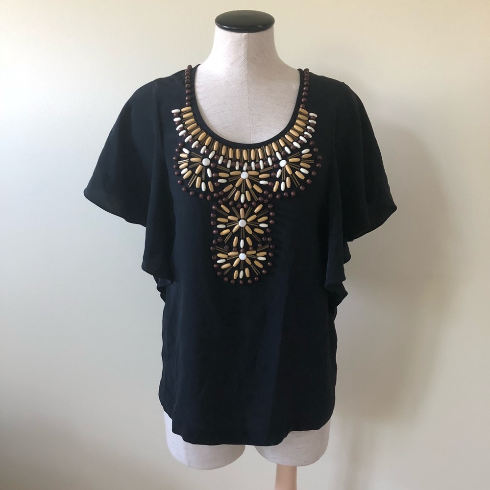 Trina Turk black silk beaded flutter sleeve top